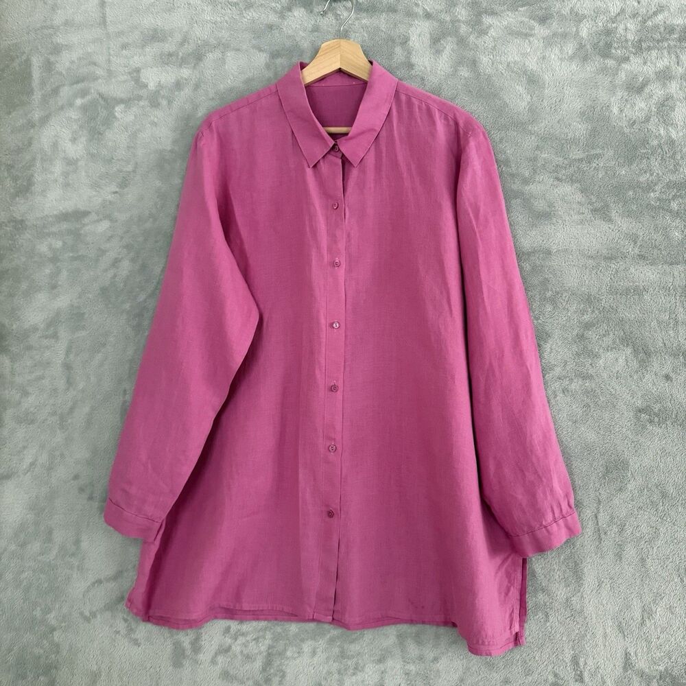 Eileen Fisher Organic Linen Shirt Womens Classic Shirt Button Up Tunic Pink L**